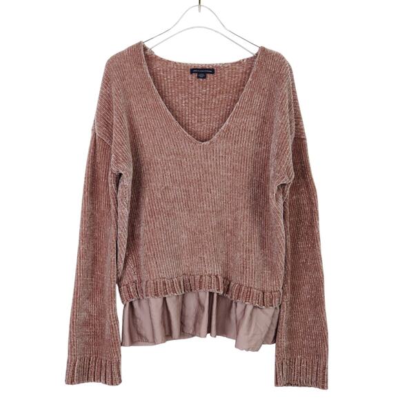 American Eagle Mauve Pink Chenille Knit Peplum Ruffle V-Neck Sweater Small - Picture 1 of 5